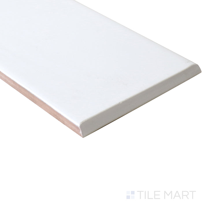 Side view captures the smooth curve of the 3" bullnose on Basics White 3X12 Glossy Ceramic.