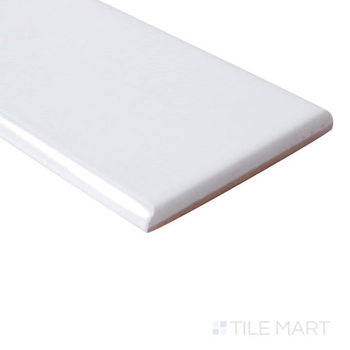 Angle shot focuses on the full-length 12" bullnose of Basics White 3X12 Glossy Ceramic tile.