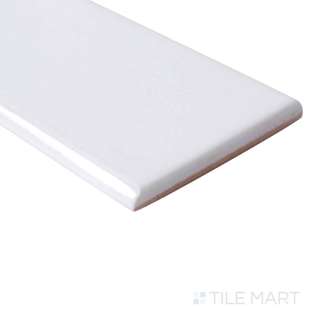 Angle shot focuses on the full-length 12" bullnose of Basics White 3X12 Glossy Ceramic tile.