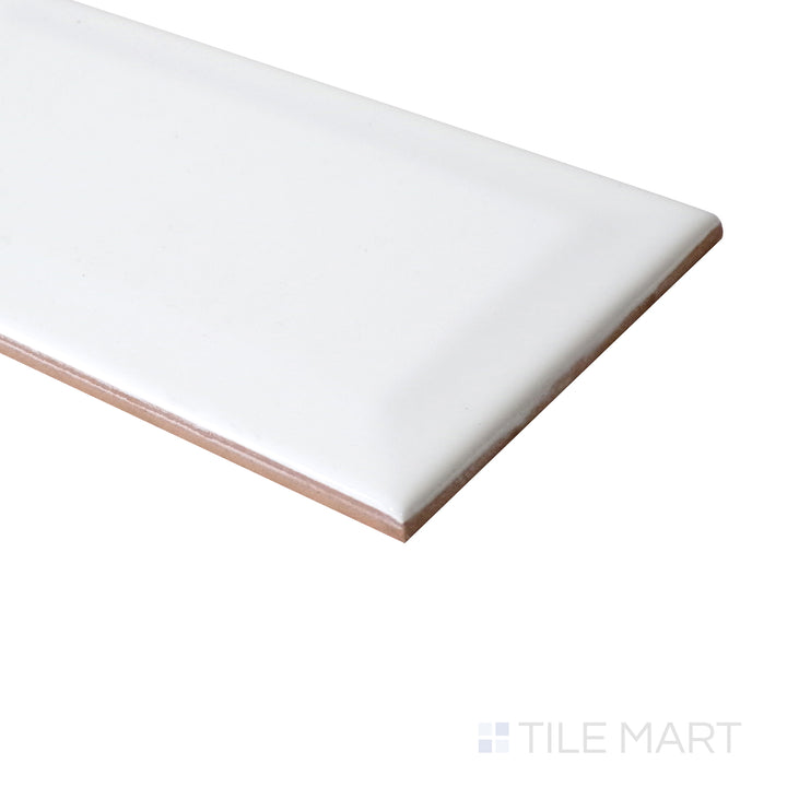 From the side, the Basics White 3X6 Beveled Matte tile reveals its depth and low-sheen surface.