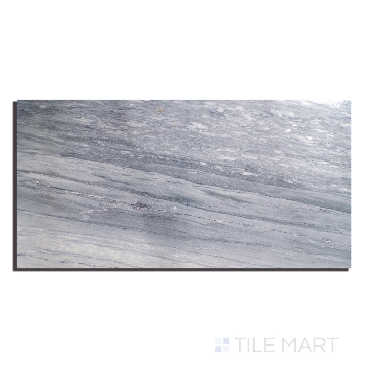 Top-down image of Exotic Stone Nebula Blue 24x48 polished porcelain tile, highlighting vibrant blue movement and high-gloss reflection.
