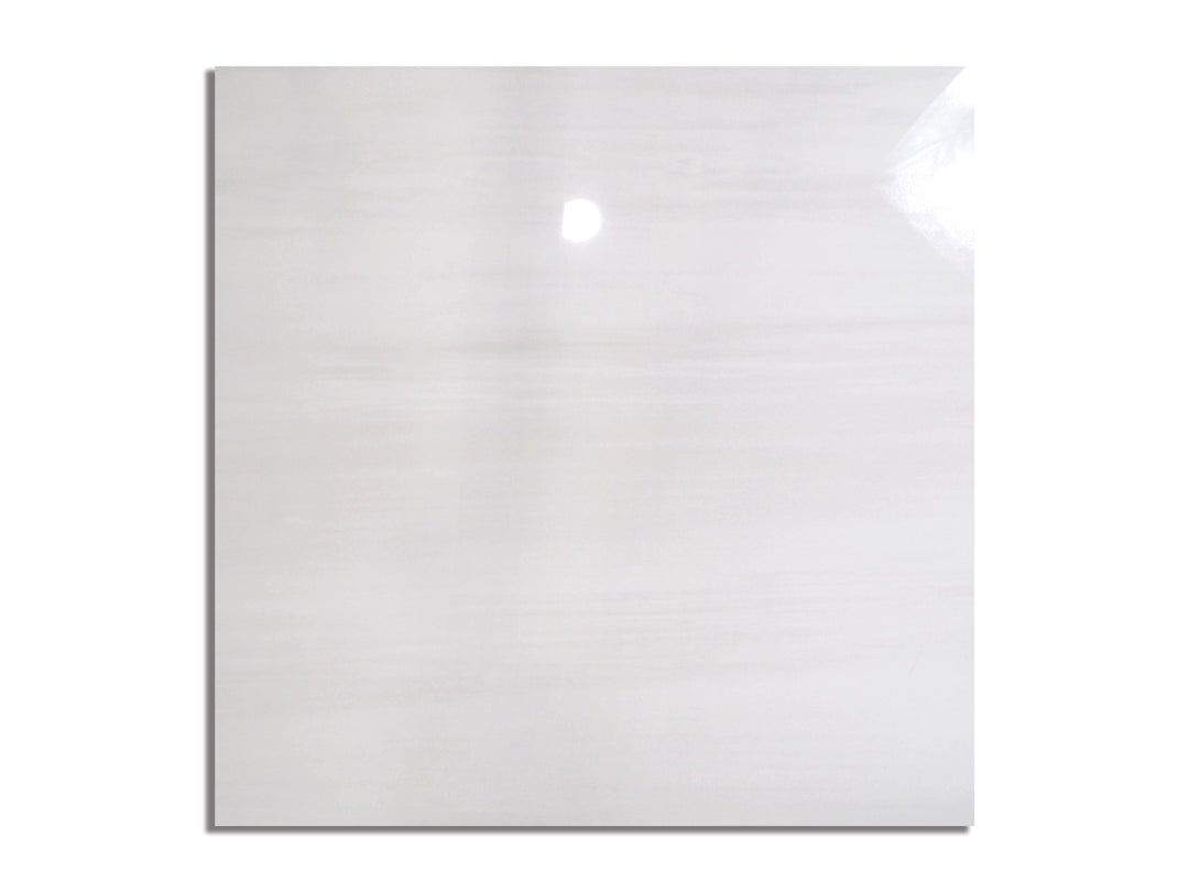 Flat overhead shot of Luxury Deodat White 48x48 polished porcelain tile, featuring elegant white background with gentle veining and a reflective finish.