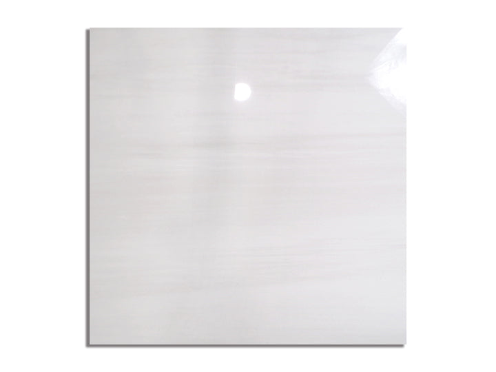 Flat overhead shot of Luxury Deodat White 48x48 polished porcelain tile, featuring elegant white background with gentle veining and a reflective finish.