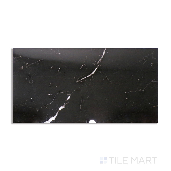 Overview of Marmolab St. Laurent 24x48 glossy porcelain tile, showcasing rich dark tones with golden veining in a luxurious polished finish.