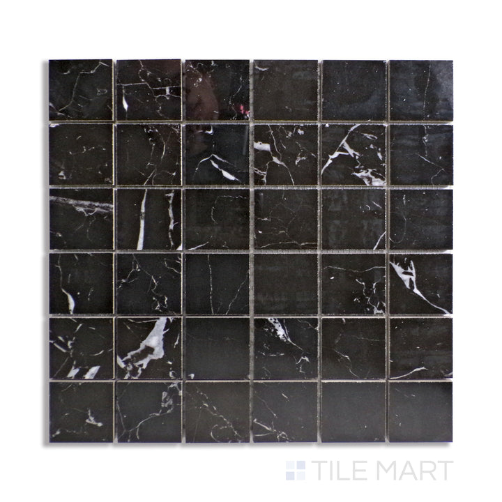 Flat layout of Marmolab St. Laurent 2" square glossy porcelain mosaic tile, presenting deep brown-black tones with fine gold veining and a glossy surface.