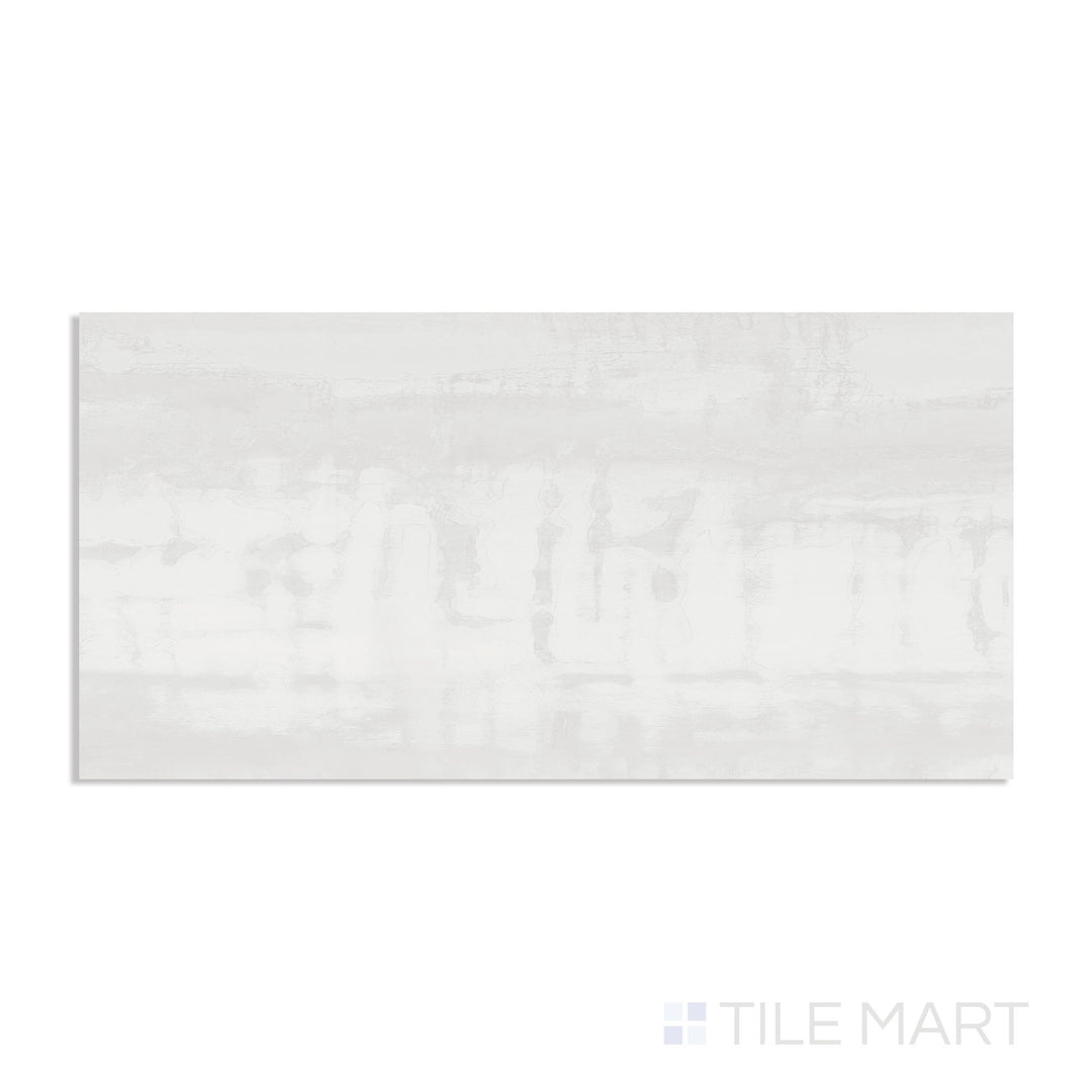 Flat view of Metal Lux White 24x48 polished porcelain tile, featuring a sleek industrial look with subtle metallic shimmer and high-gloss surface.