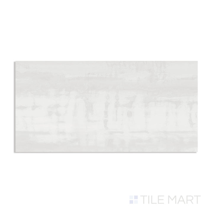 Flat view of Metal Lux White 24x48 polished porcelain tile, featuring a sleek industrial look with subtle metallic shimmer and high-gloss surface.