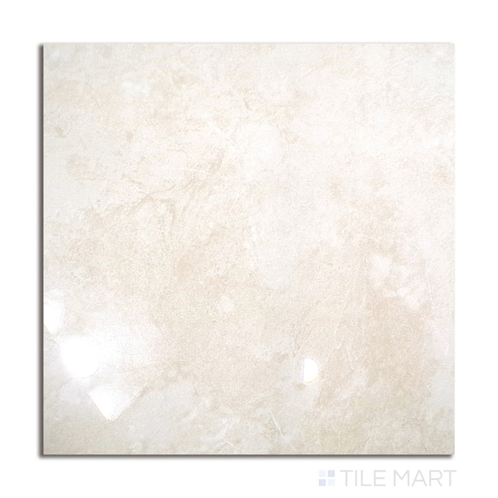 Polished Stone Montclair White 24x24 porcelain tile in top-down view, showcasing light grey and white veining in a marble-like design.