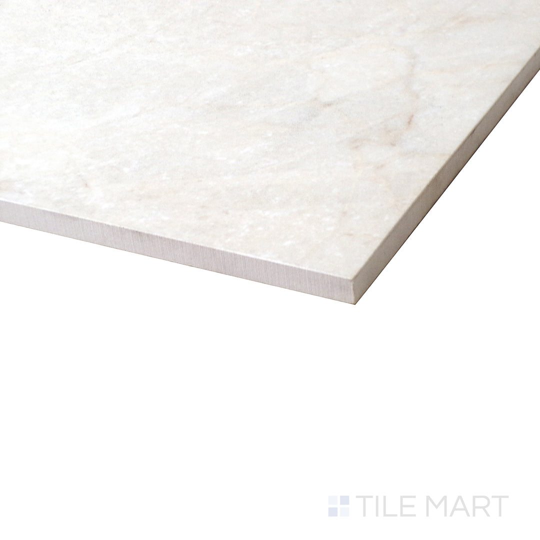 Seen from the corner, Montclair White tile shines with a polished finish and clean aesthetic.