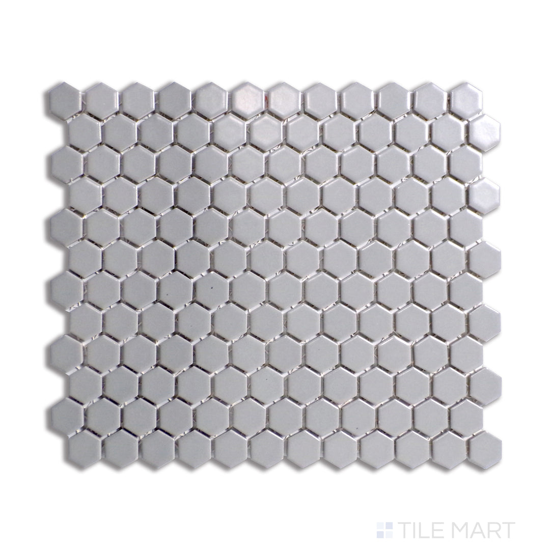 Top-down image of Porcelain Glazed Gray 1" Hexagon Matte Mosaic, highlighting uniform hexagonal shapes and a soft matte surface.