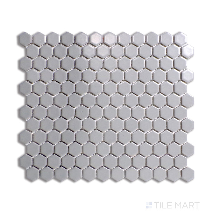 Top-down image of Porcelain Glazed Gray 1" Hexagon Matte Mosaic, highlighting uniform hexagonal shapes and a soft matte surface.