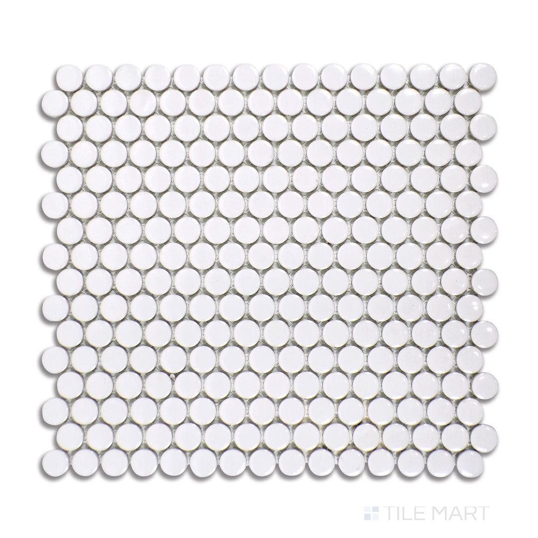 Overhead view of Pure Grey Penny Round Glossy Porcelain Mosaic, featuring circular tiles arranged in a grid with a shiny glazed finish.