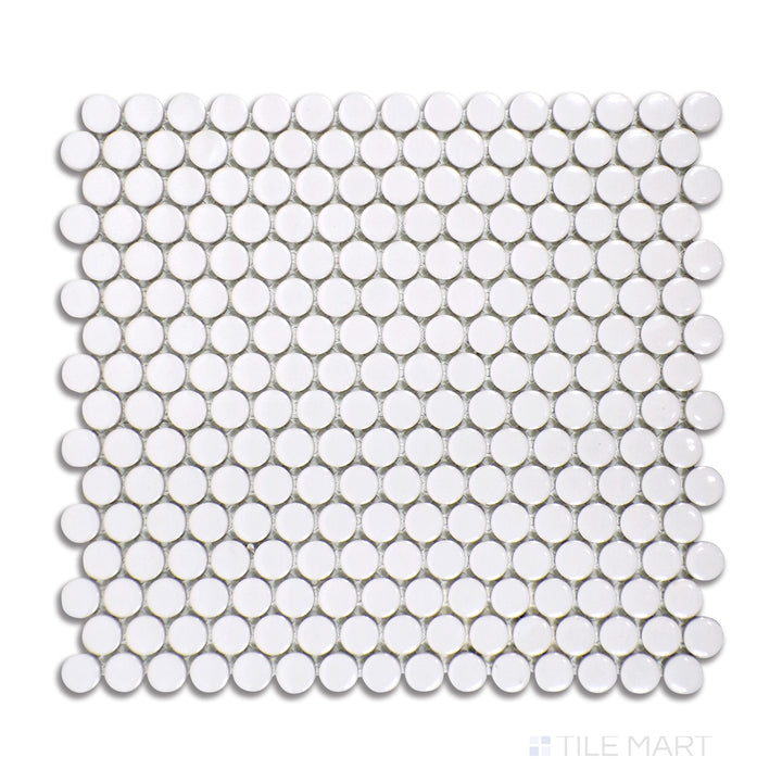 Overhead view of Pure Grey Penny Round Glossy Porcelain Mosaic, featuring circular tiles arranged in a grid with a shiny glazed finish.