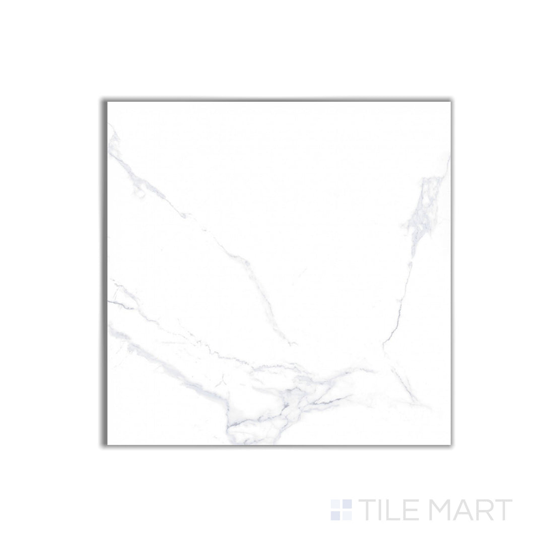 Overhead view of Select White Carrara 24x24 polished porcelain tile, emulating natural Carrara marble with crisp white tones and fine grey veining.