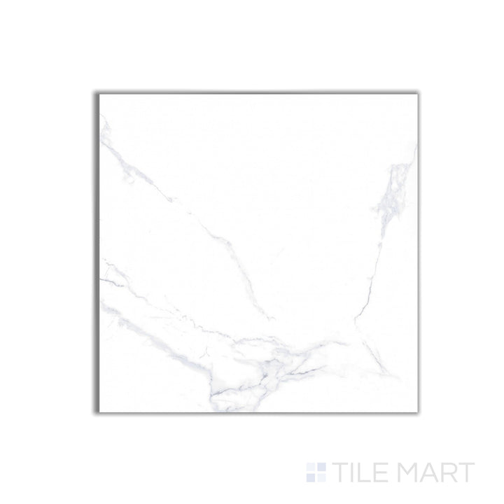 Overhead view of Select White Carrara 24x24 polished porcelain tile, emulating natural Carrara marble with crisp white tones and fine grey veining.