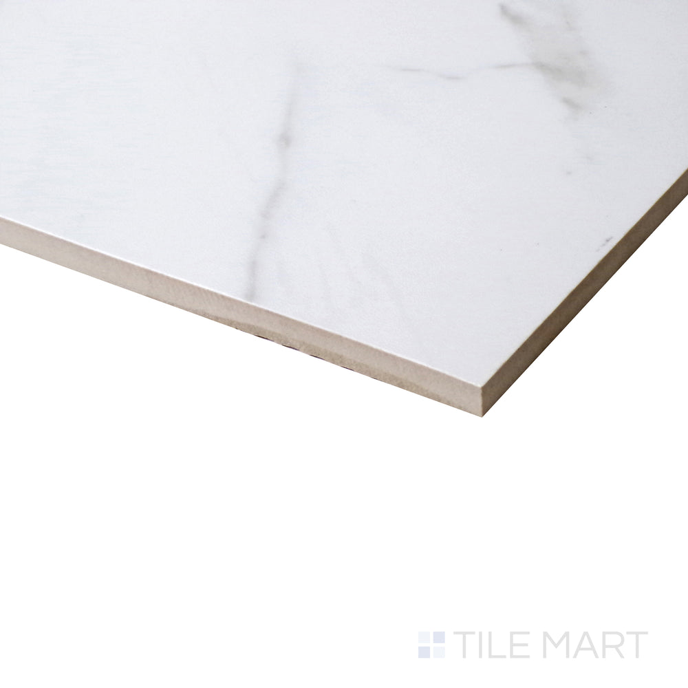 Select Carrara White tile displays clean veining and reflective polish in this angled shot.