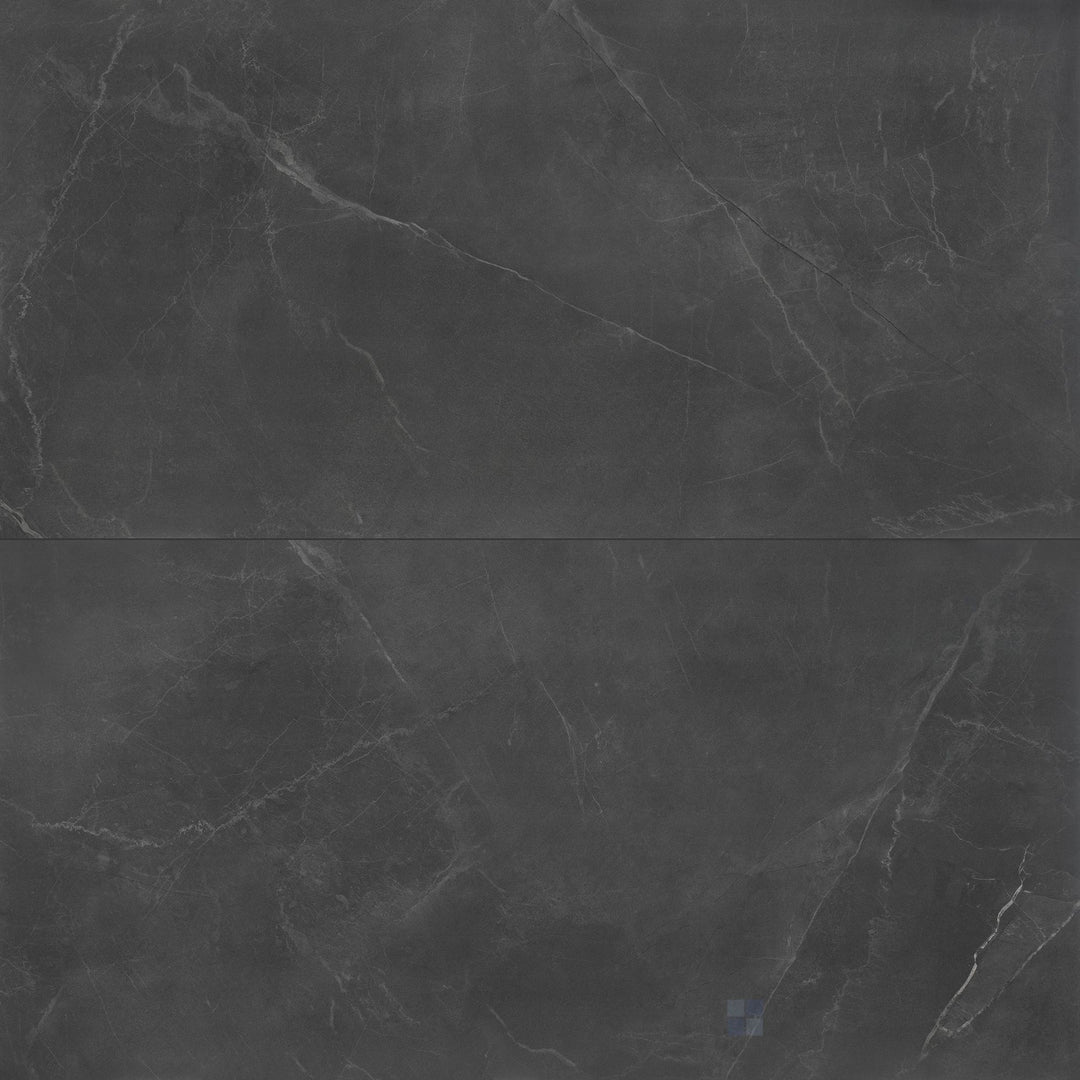 Overview of Stonemood Steel 24x48 matte porcelain tile, capturing the industrial-inspired steel grey surface in a sleek rectangular format.