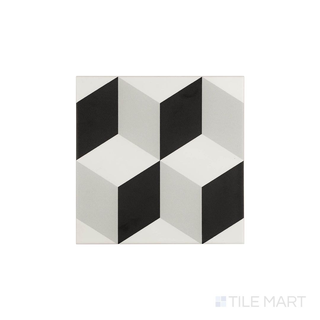 Cube Deco Grey 8x8 matte ceramic tile in overhead perspective, featuring geometric embossed texture and soft grey finish.
