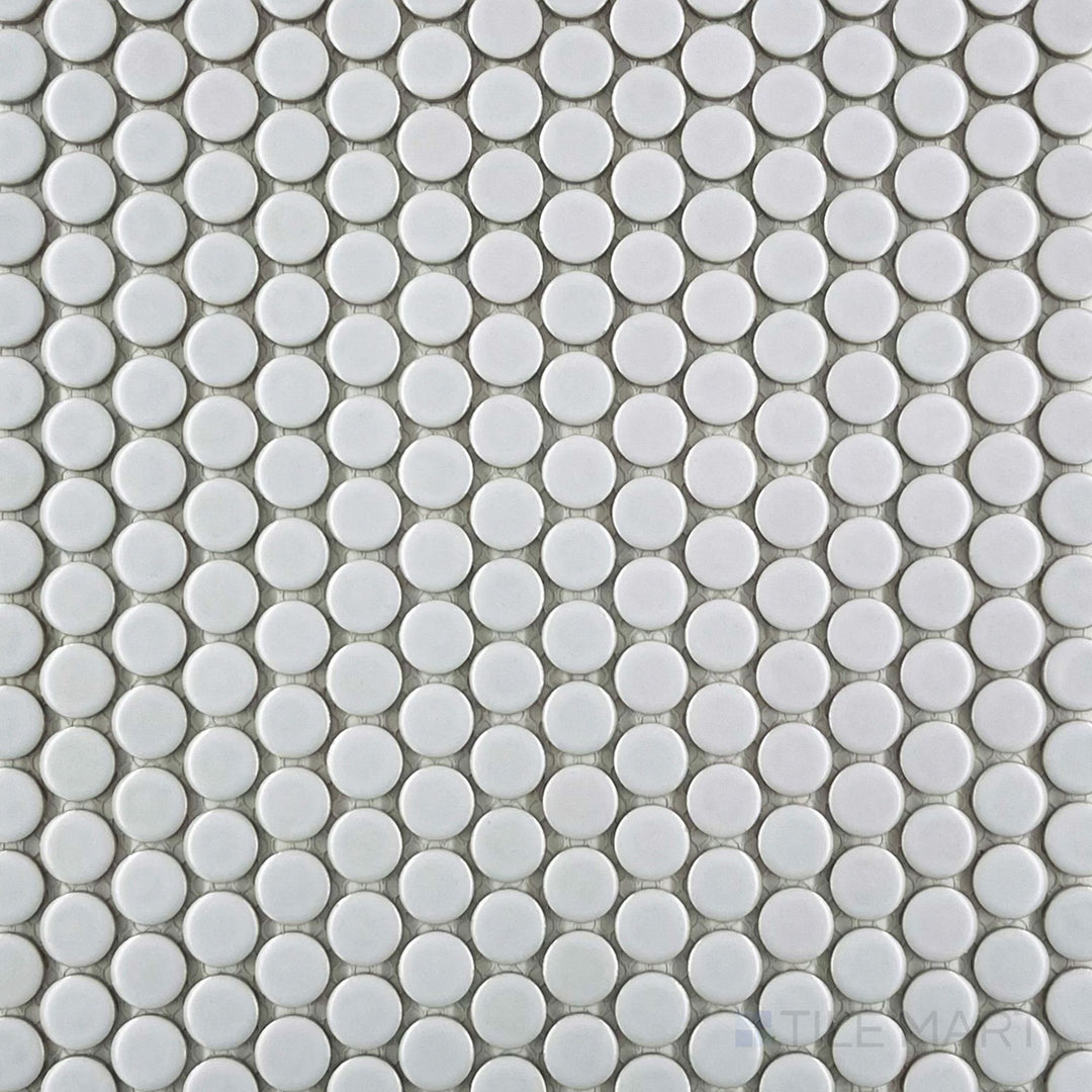 Pure Grey Penny Round matte porcelain mosaic tile displayed in an overview shot, featuring a soft, muted finish with uniform penny-shaped design.