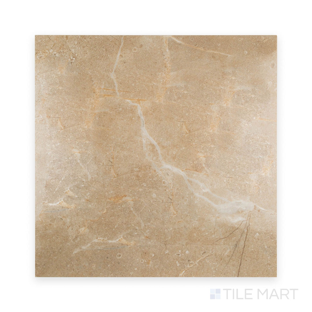 Top-down shot of Ar. Marmi Siena 24x24 glossy porcelain tile, showcasing creamy marble patterns with high-shine finish.