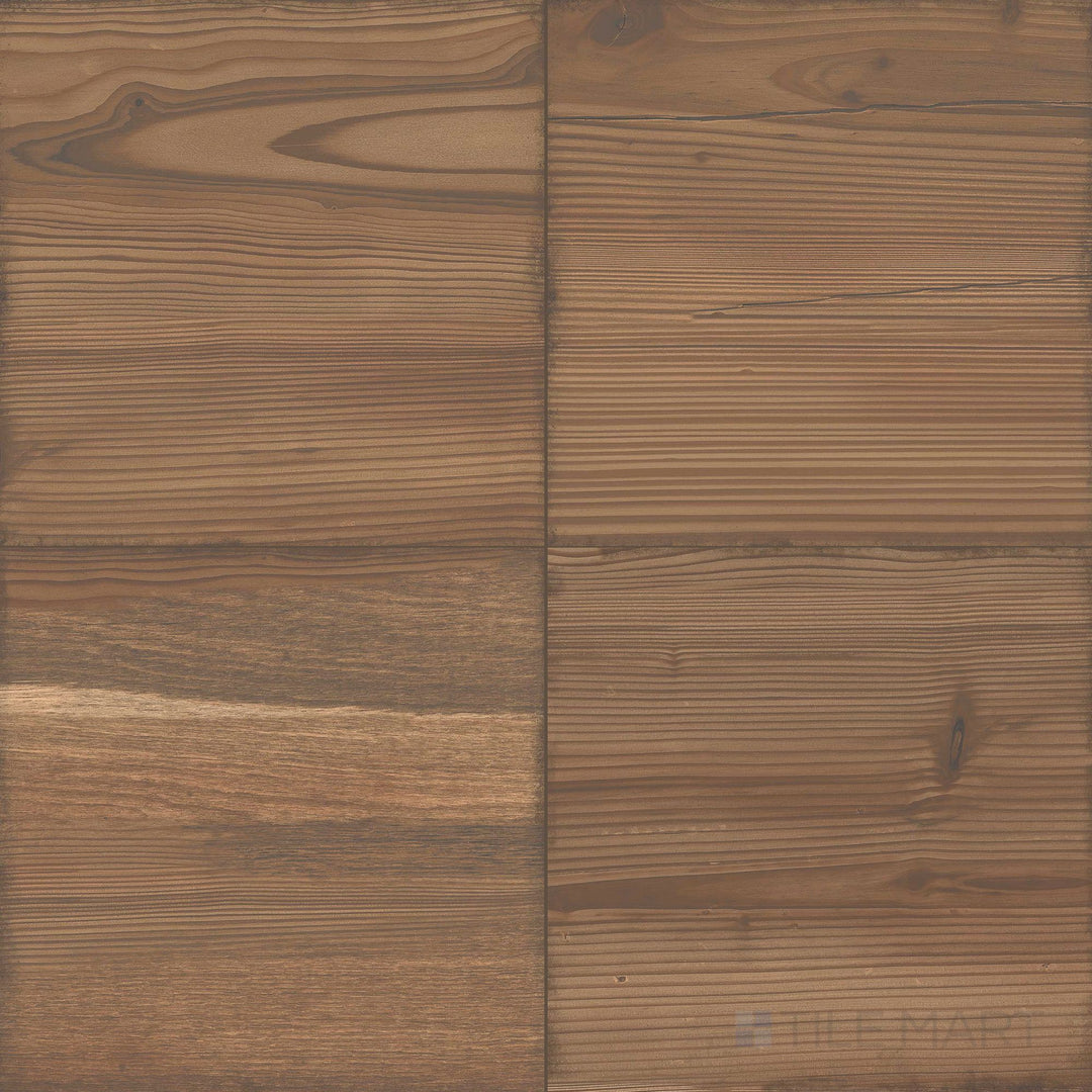 Woodland Honey 8x8 matte porcelain tile presented in a square layout with rustic wood tones and realistic grain patterns.