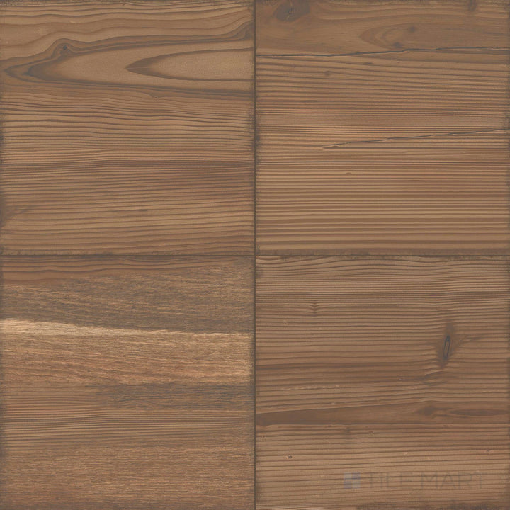 Woodland Honey 8x8 matte porcelain tile presented in a square layout with rustic wood tones and realistic grain patterns.