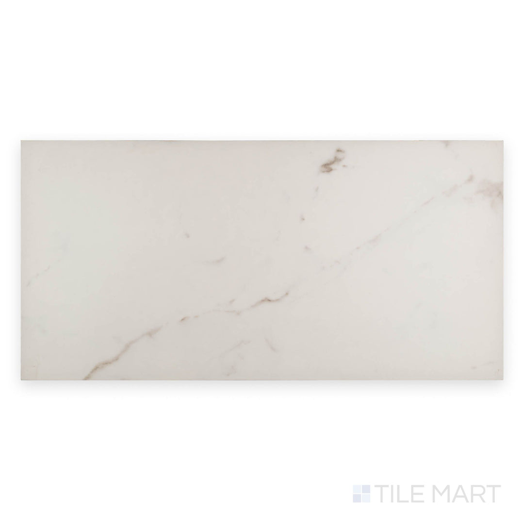 Lusso Bianco 12x24 matte porcelain tile viewed from above, showcasing white marble-like design with soft gray veining.