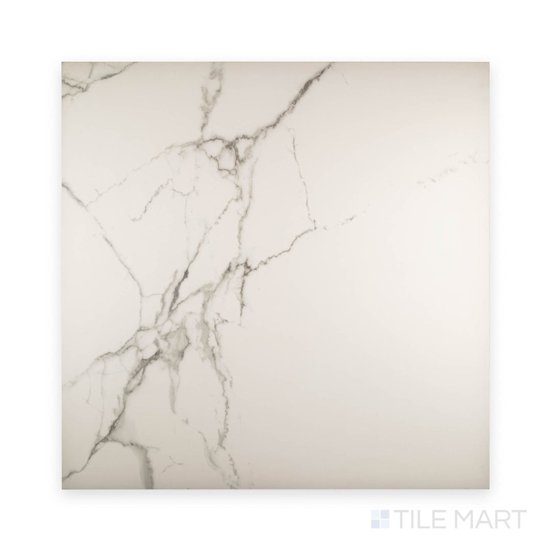 Lusso Bianco 24x24 matte porcelain tile shown from a top-down perspective with a clean white base and soft marble veining.