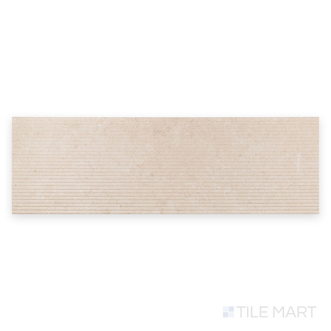 Top-down view of Pacific Line Bone 12.4x39.4 matte ceramic tile showcasing a neutral beige color with linear detailing.