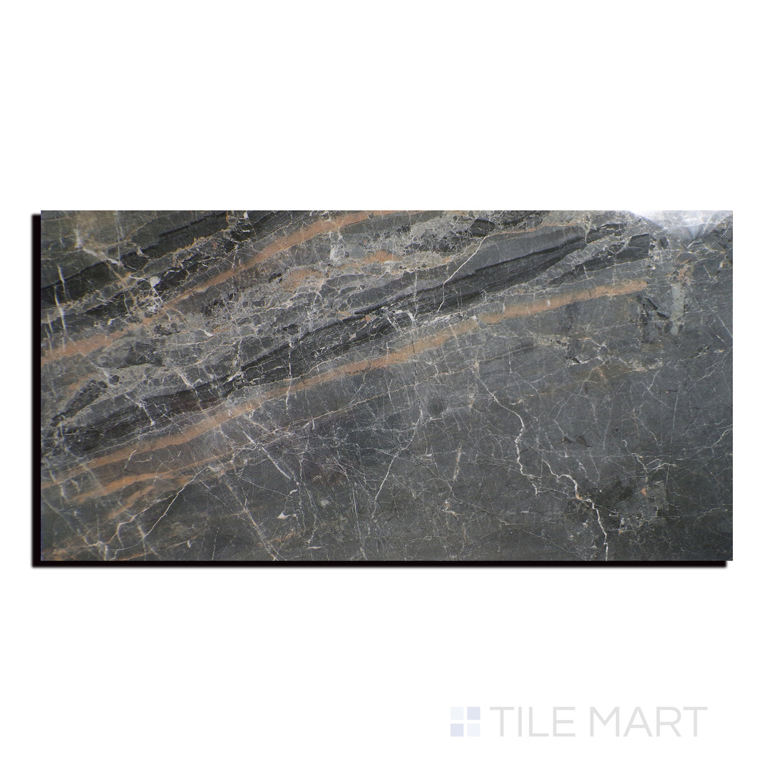 Exotic Stone Gray Soveraya 24x48 polished porcelain tile in an overhead shot, featuring dramatic gray veining and a reflective surface.