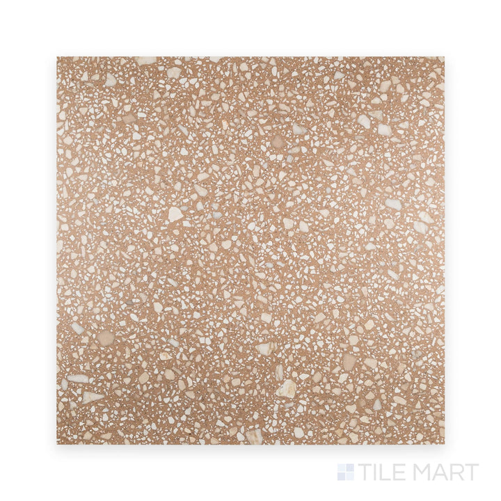 Overhead view of Santorini Siena 24x24 semi gloss porcelain tile with warm earthy hues and a clean semi-gloss finish.