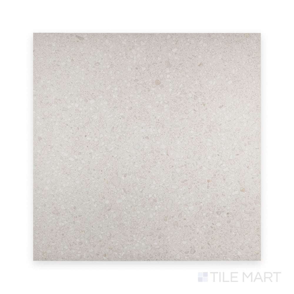 Flat view of Santorini Blanco 48x48 semi gloss porcelain tile, displaying a luminous white tone with an upscale polished appearance.