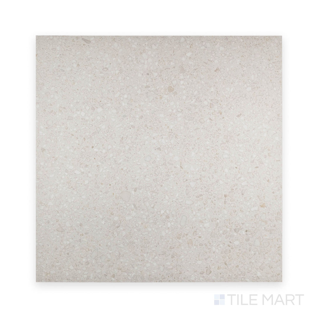 Flat view of Santorini Blanco 48x48 semi gloss porcelain tile, displaying a luminous white tone with an upscale polished appearance.