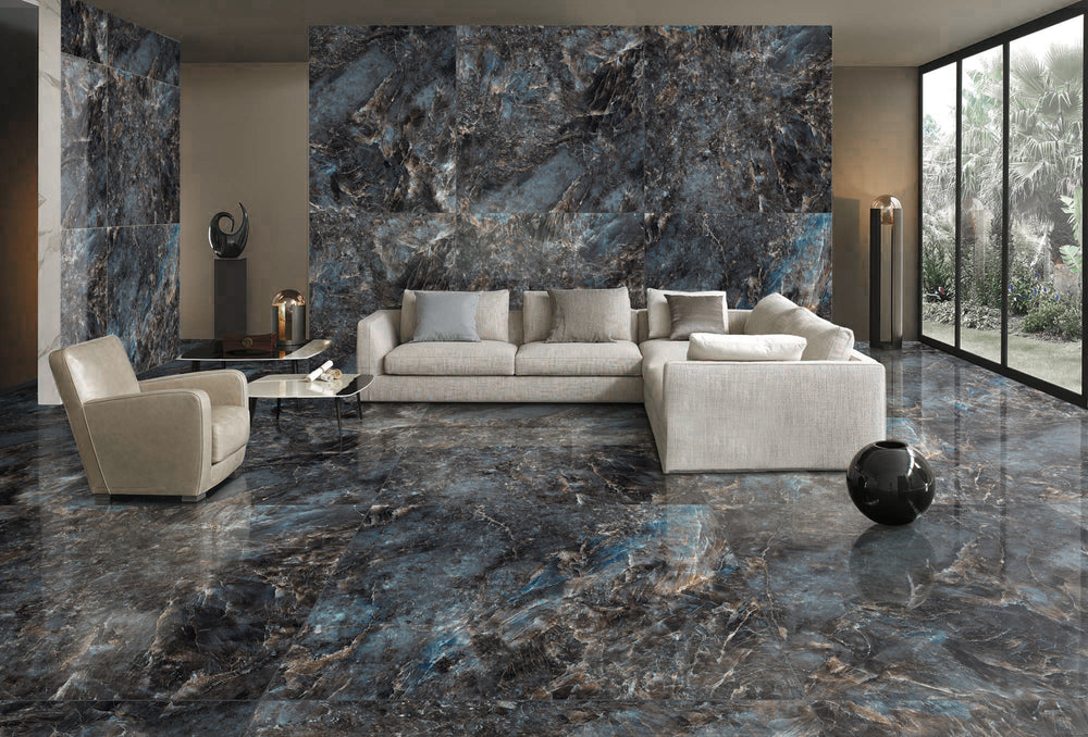 A bold and stylish interior featuring Luxury Almond Green 48X48 polished porcelain, adding a distinctive, high-end finish.