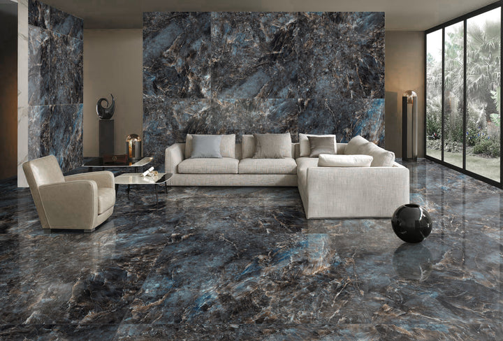 A bold and stylish interior featuring Luxury Almond Green 48X48 polished porcelain, adding a distinctive, high-end finish.