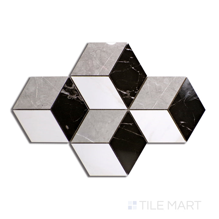 Flat lay of Marmolab Mix 2" Square Glossy Porcelain Mosaic, displaying a sophisticated blend of marble-inspired tiles with a high-shine effect.