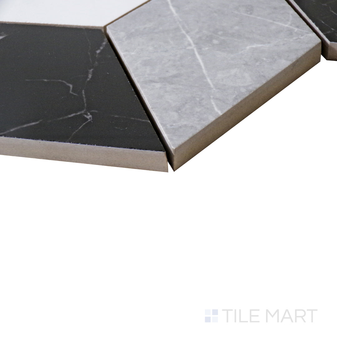 Angled close-up emphasizing the harmonious blend of tones in the Marmolab Mix 2" square glossy porcelain mosaic.