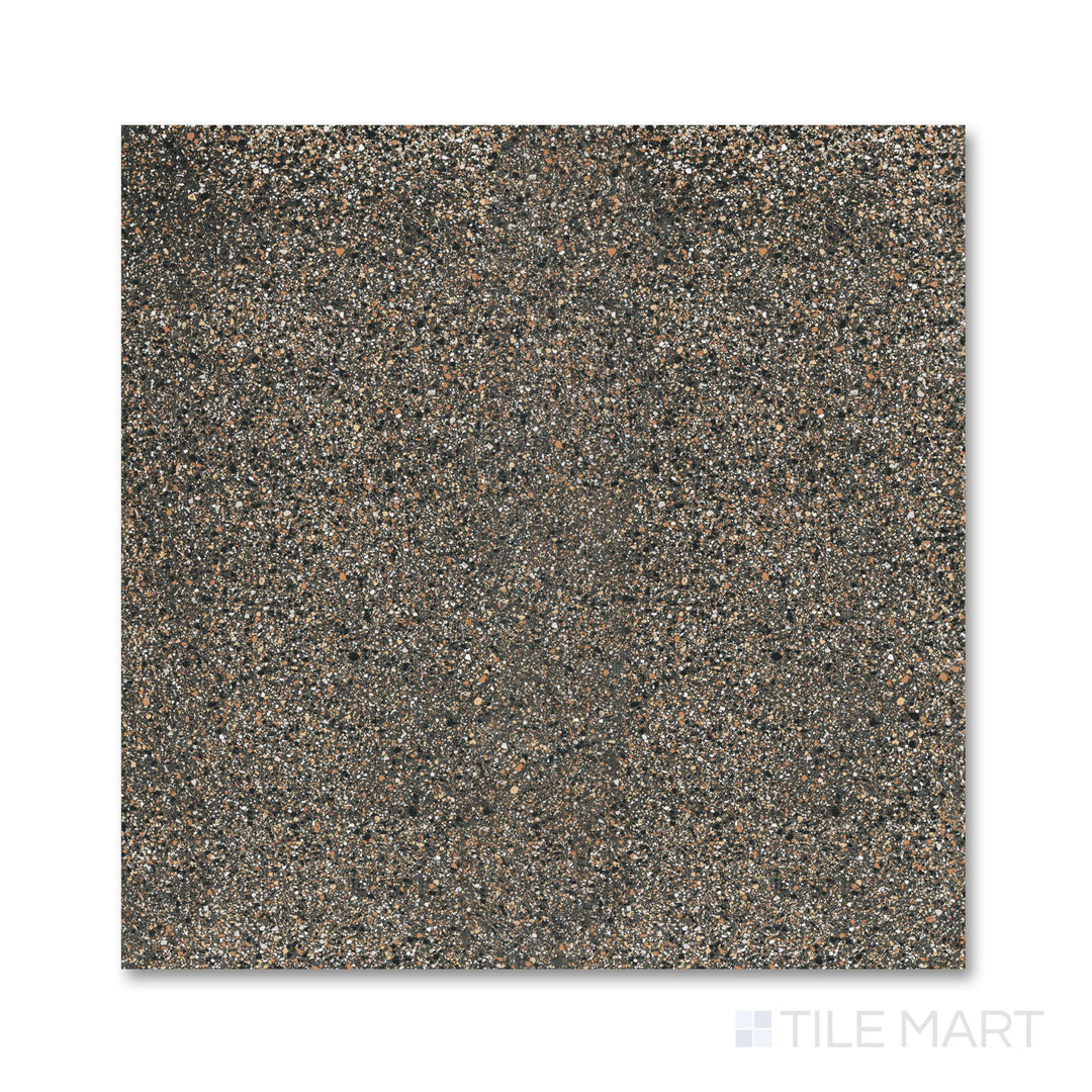 Top-down view of Rialto Earth 24x24 polished porcelain tile highlighting rich tones and sleek finish