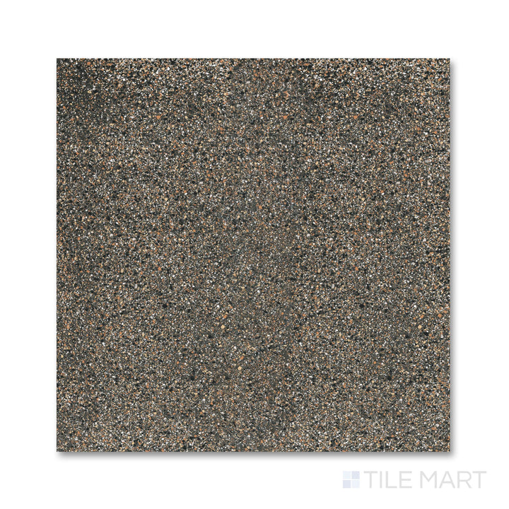 Top-down view of Rialto Earth 24x24 polished porcelain tile highlighting rich tones and sleek finish