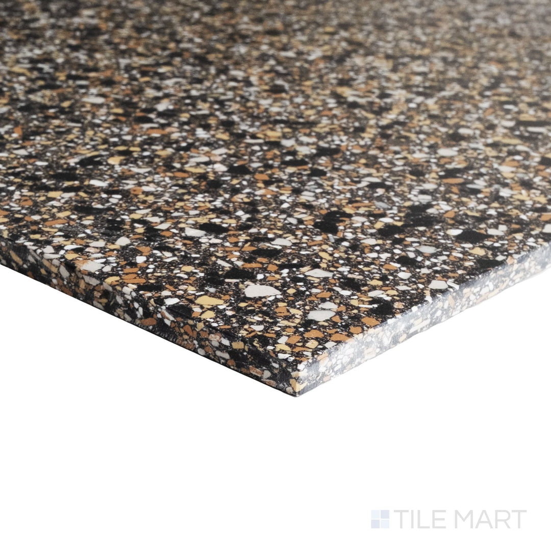 Rialto Earth 24x24 polished porcelain tile in corner view revealing rich tones and sleek surface