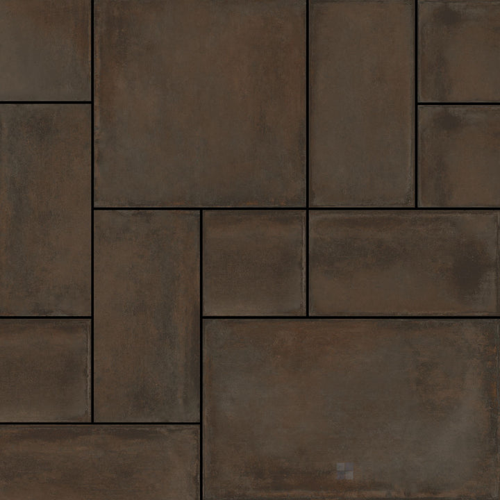 Crete Bronzo Versailles pattern matte porcelain tile with an R11 finish and deep earthy tones