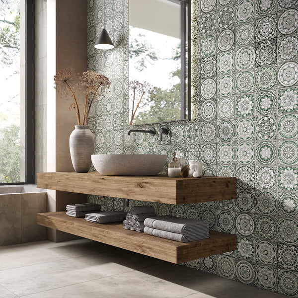 Calypso Bombay Sage 4 brings a light-catching, reflective character to a glossy tile design.