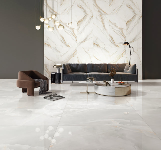 Roma Carrara Gold brings a gleaming, radiant character to a polished tile design.