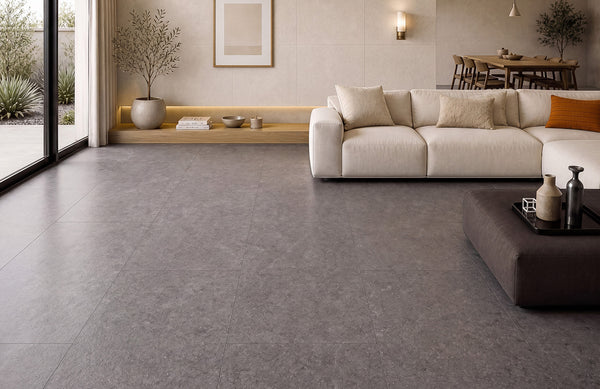 Roma Darello Medium Grey brings a tactile, rugged character to a textured tile design.
