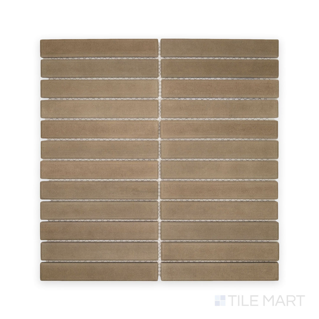 Top view of Amuri Grigio 1x6 Grid Matte Porcelain Mosaic Tile showing cool gray rectangular pieces in a precise grid layout with a matte finish.