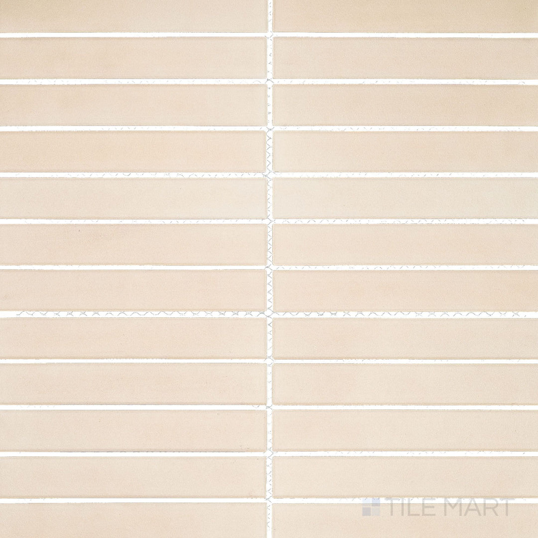 Shown in a full-view layout, the Amuri Avorio 1x6 Grid Matte Porcelain Mosaic Tile reveals its understated ivory color and refined matte finish, perfect for contemporary interior spaces.