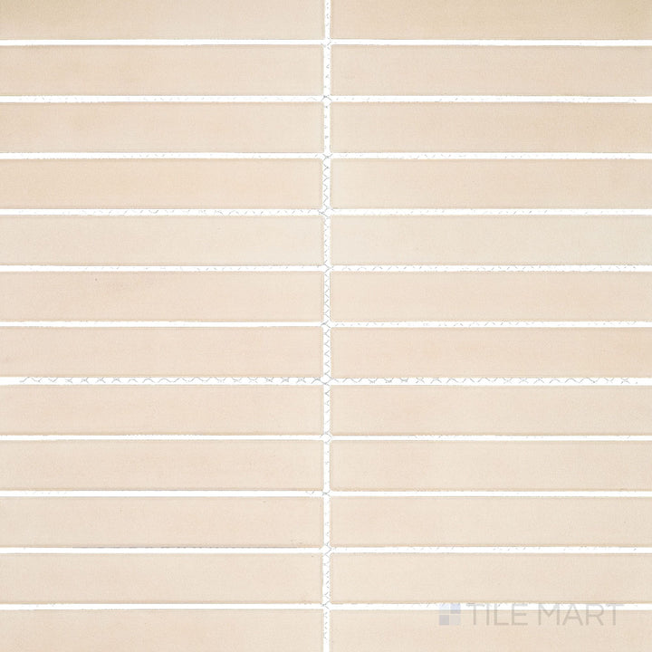 Shown in a full-view layout, the Amuri Avorio 1x6 Grid Matte Porcelain Mosaic Tile reveals its understated ivory color and refined matte finish, perfect for contemporary interior spaces.