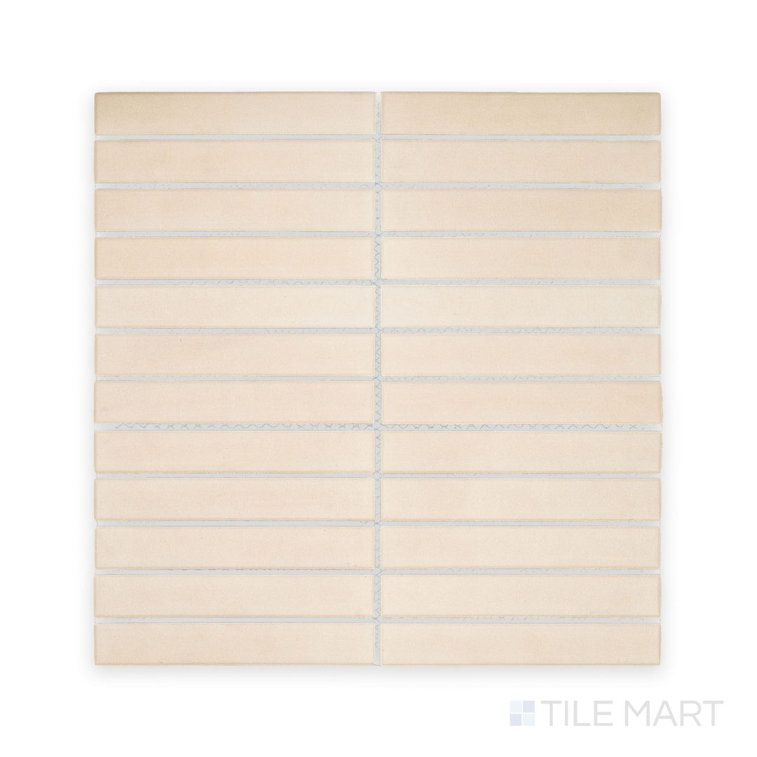 Direct view of Amuri Avorio 1x6 Grid Matte Porcelain Mosaic Tile with ivory-toned rectangular mosaics arranged in a linear grid and finished in matte porcelain.