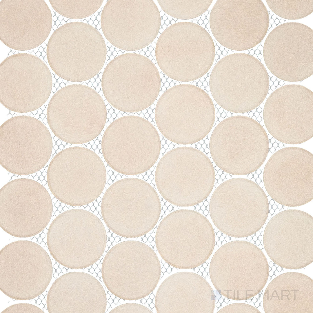 Amuri Avorio 2-Inch Round Matte Porcelain Mosaic Tile is shown in an overview capturing its soft ivory tone, smooth matte surface, and clean circular layout ideal for timeless interiors.