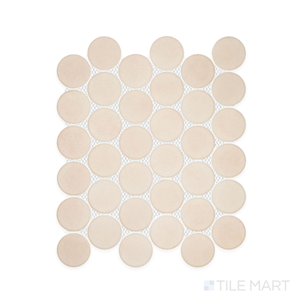 Aerial view of Amuri Avorio 2" Round Matte Porcelain Mosaic Tile featuring soft ivory circular mosaics arranged in a neat pattern with a smooth matte finish.